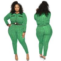 Spandex & Polyester Plus Size Women Casual Set & two piece Long Trousers & top printed green Set