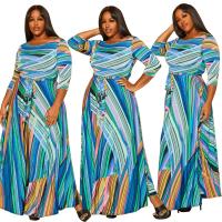 Polyester Waist-controlled & long style & Plus Size One-piece Dress large hem design printed geometric blue PC