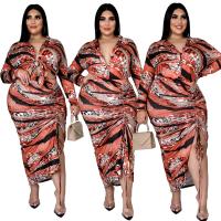 Spandex & Polyester Plus Size Two-Piece Dress Set side slit printed leopard Set