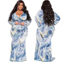 Polyester Plus Size & Mermaid One-piece Dress deep V printed abstract pattern blue PC