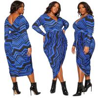 Polyester front slit & Plus Size One-piece Dress irregular & deep V printed geometric blue PC