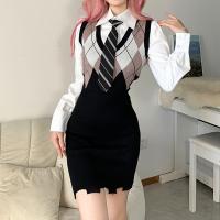 Polyester Slim Sexy Package Hip Dresses knitted plaid black PC