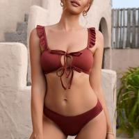 Polyester Tankinis Set & two piece patchwork Solid wine red Set