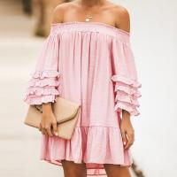 Polyester Slim One-piece Dress backless & off shoulder patchwork Solid pink PC