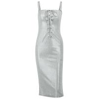 Polyester Waist-controlled & Slim & High Waist Sexy Package Hip Dresses backless & off shoulder patchwork Solid silver PC