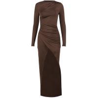 Polyester Slim & High Waist Sexy Package Hip Dresses side slit patchwork Solid brown PC