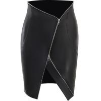 PU Leather Waist-controlled & Slim & front slit & High Waist Package Hip Skirt patchwork Solid black PC