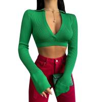 Viscose Slim & Crop Top Women Long Sleeve T-shirt deep V & backless knitted Solid PC