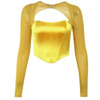 Polyester Slim Women Long Sleeve T-shirt see through look & hollow patchwork Solid PC