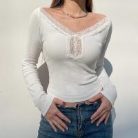 Polyester Frauen Langarm T-shirt, Solide, Weiß,  Stück