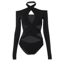 Polyester Slim Women Jumpsuit & hollow & One Shoulder patchwork Solid black PC