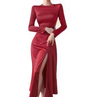Polyester Waist-controlled & Slim & High Waist One-piece Dress side slit patchwork Solid red PC