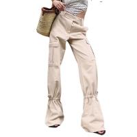 Polyester High Waist Women Casual Pants & loose patchwork Solid khaki PC
