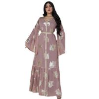 Polyester long style Middle Eastern Islamic Muslim Dress deep V & with belt gold foil print PC