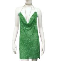 Metal & Fiberglass & Sequin One-piece Dress mid-long style & side slit & with rhinestone Solid PC