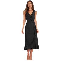 Viscose Fiber scallop One-piece Dress mid-long style & deep V Solid PC