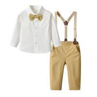 Polyester & Cotton Boy Clothing Set & two piece suspender pant & top Solid white Set