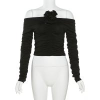 Milk Fiber Slim Women Long Sleeve T-shirt & off shoulder patchwork Solid black PC