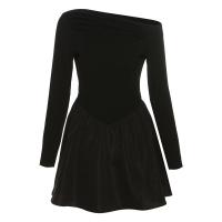 Polyester Waist-controlled & Slim & High Waist One-piece Dress & off shoulder patchwork Solid black PC