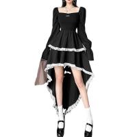 Polyester Waist-controlled & Slim & High Waist One-piece Dress large hem design & short front long back patchwork Solid black PC
