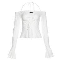 Polyester Slim Women Long Sleeve T-shirt see through look patchwork striped white PC