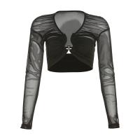 Polyester Slim & Crop Top Women Long Sleeve T-shirt see through look patchwork Solid black PC