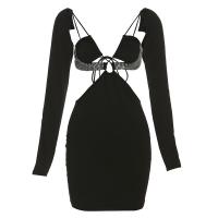 Milk Fiber Waist-controlled & Slim & High Waist Sexy Package Hip Dresses backless & hollow patchwork Solid black PC