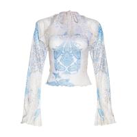 Polyester Crop Top Women Casual Set see through look & backless & two piece & off shoulder cover up & camis printed blue Set