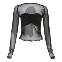 Milk Fiber Slim & Crop Top Women Long Sleeve T-shirt see through look patchwork Solid black PC