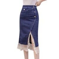 Cotton Slim & front slit Package Hip Skirt patchwork Solid blue PC