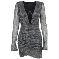 Knitted Slim Sexy Package Hip Dresses deep V patchwork Solid PC