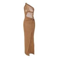 Polyester Slim One-piece Dress side slit & hollow & One Shoulder patchwork Solid brown PC
