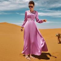 Polyester long style Middle Eastern Islamic Muslim Dress deep V & with rhinestone Solid purple-pink PC