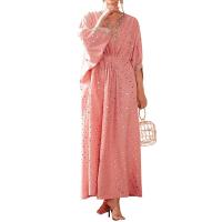 Polyester lace & Waist-controlled & long style Middle Eastern Islamic Muslim Dress gold foil print dot pink PC