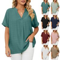 Polyester Women Short Sleeve Shirt & loose patchwork Solid PC