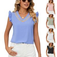 Polyester scallop Women Short Sleeve T-Shirts & loose patchwork Solid PC