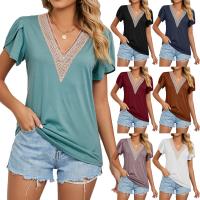 Rayon & Polyester lace Women Short Sleeve T-Shirts & loose patchwork Solid PC