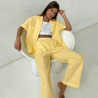 Rayon & Cotton Wide Leg Trousers Women Casual Set & two piece Long Trousers & top patchwork Solid yellow Set