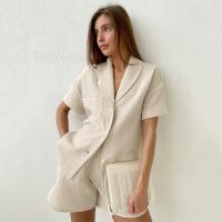 Cotton Women Casual Set side slit & two piece short pants & top patchwork Solid Apricot Set