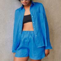 Cotton Women Casual Set & two piece short pants & top patchwork Solid blue Set