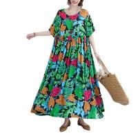 Cotton long style One-piece Dress large hem design & slimming & loose printed leaf pattern green : PC