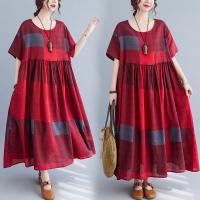 Cotton long style One-piece Dress large hem design & loose printed red : PC