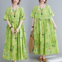 Cotton long style One-piece Dress large hem design & slimming & loose printed green : PC