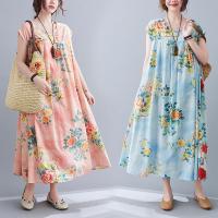 Cotton One-piece Dress large hem design & slimming & loose printed floral PC