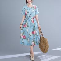 Cotton Plus Size One-piece Dress large hem design & loose & with pocket printed PC
