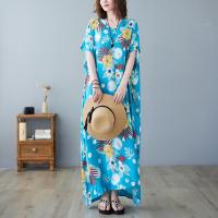 Synthetic Fiber & Polyester long style One-piece Dress loose printed Plant sky blue : PC