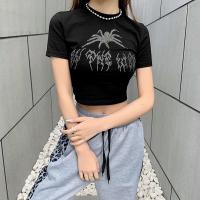 Poliéster Mujeres Camisetas de manga corta, impreso, negro,  trozo