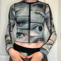Polyester Slim Women Long Sleeve T-shirt printed gray PC