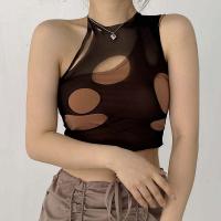 Polyester Tank Top & hollow patchwork Solid black PC