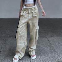 Denim Long Trousers & High Waist Women Jeans & loose patchwork Solid khaki PC